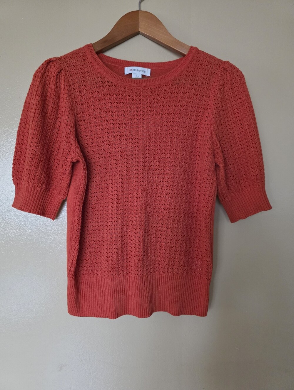Liz Claiborne Open Knit Short Puff Sleeve Sweater S Grandmillennial Grannycore